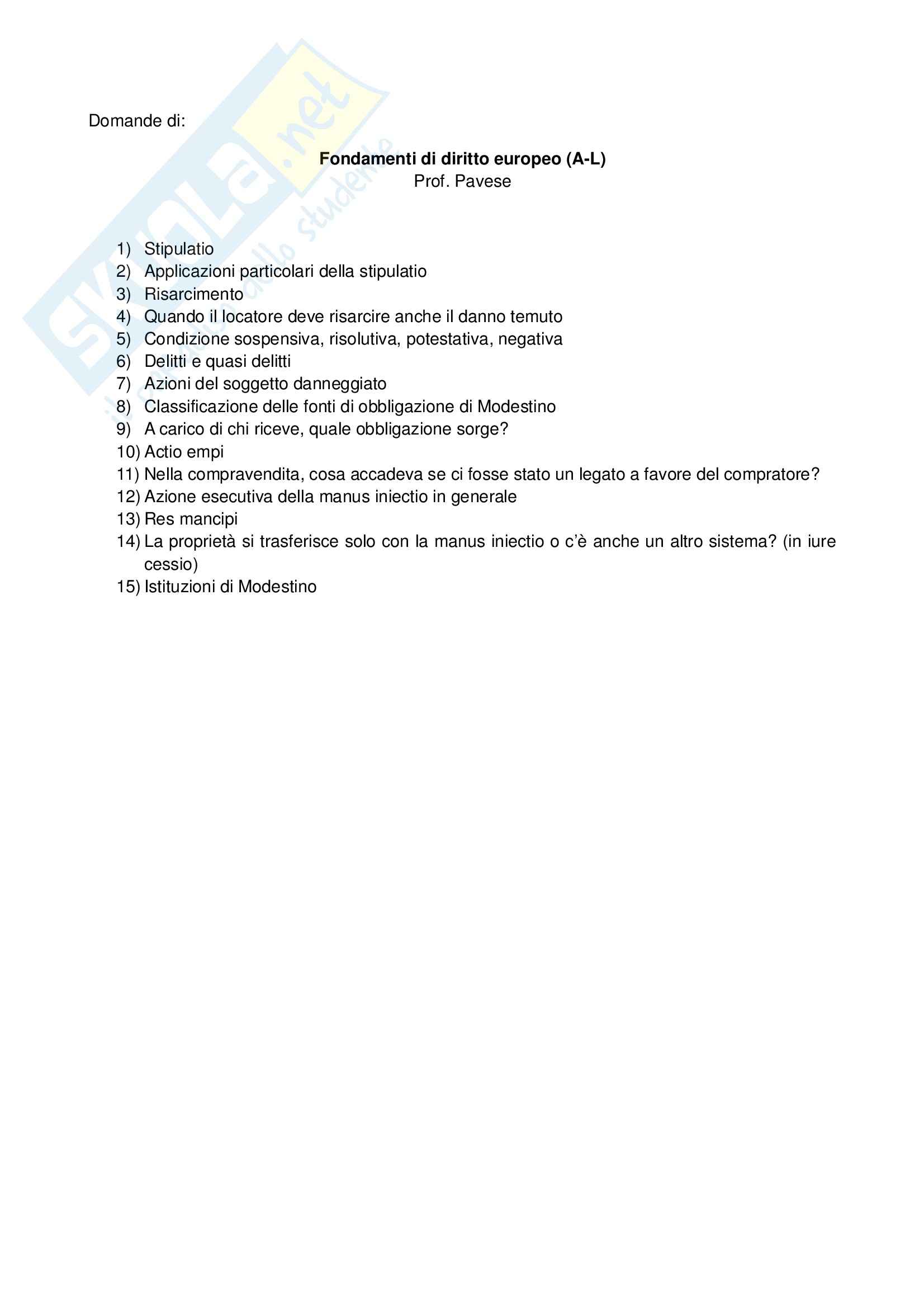Fondamenti del diritto europeo - Domande Pag. 1