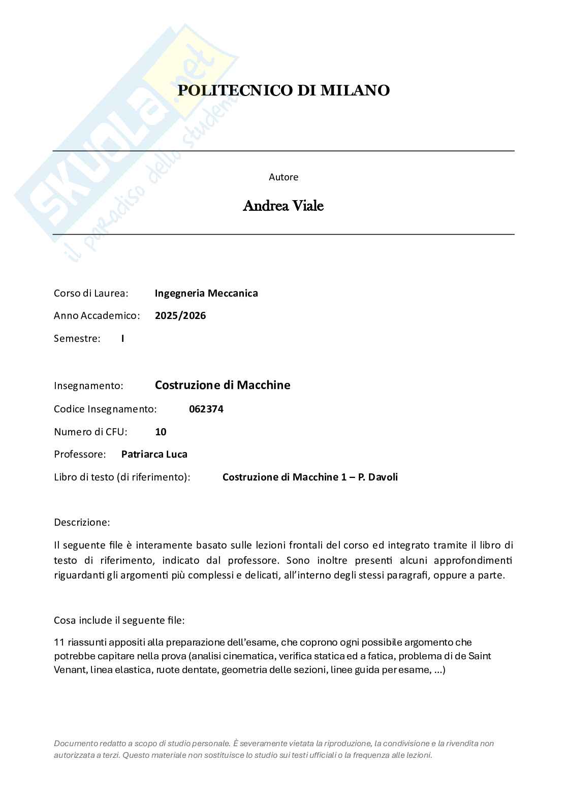 Riassunto esame Costruzione di macchine, Prof. Patriarca Luca, libro consigliato Costruzione di macchine 1, Davoli Pag. 1