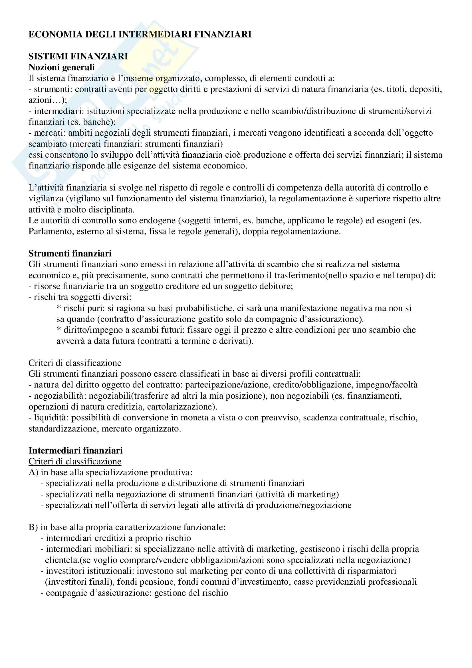 Lezioni, Economia degli intermediari finanziari Pag. 1