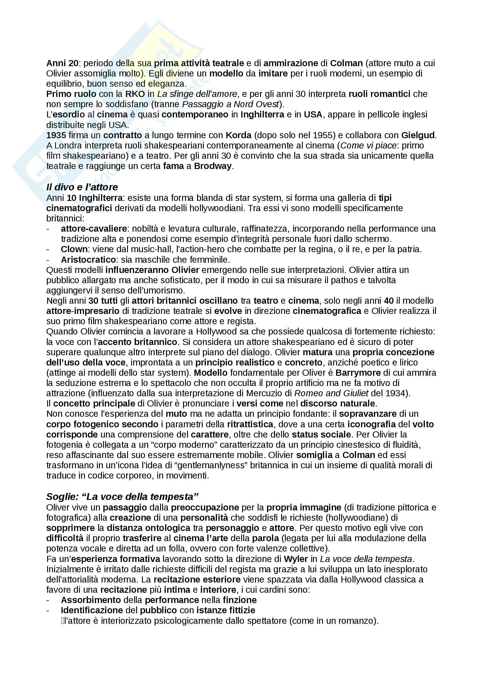 Riassunto esame Storia del cinema, prof. Pesce, libro consigliato Laurence Olivier nei film, Pesce Pag. 2