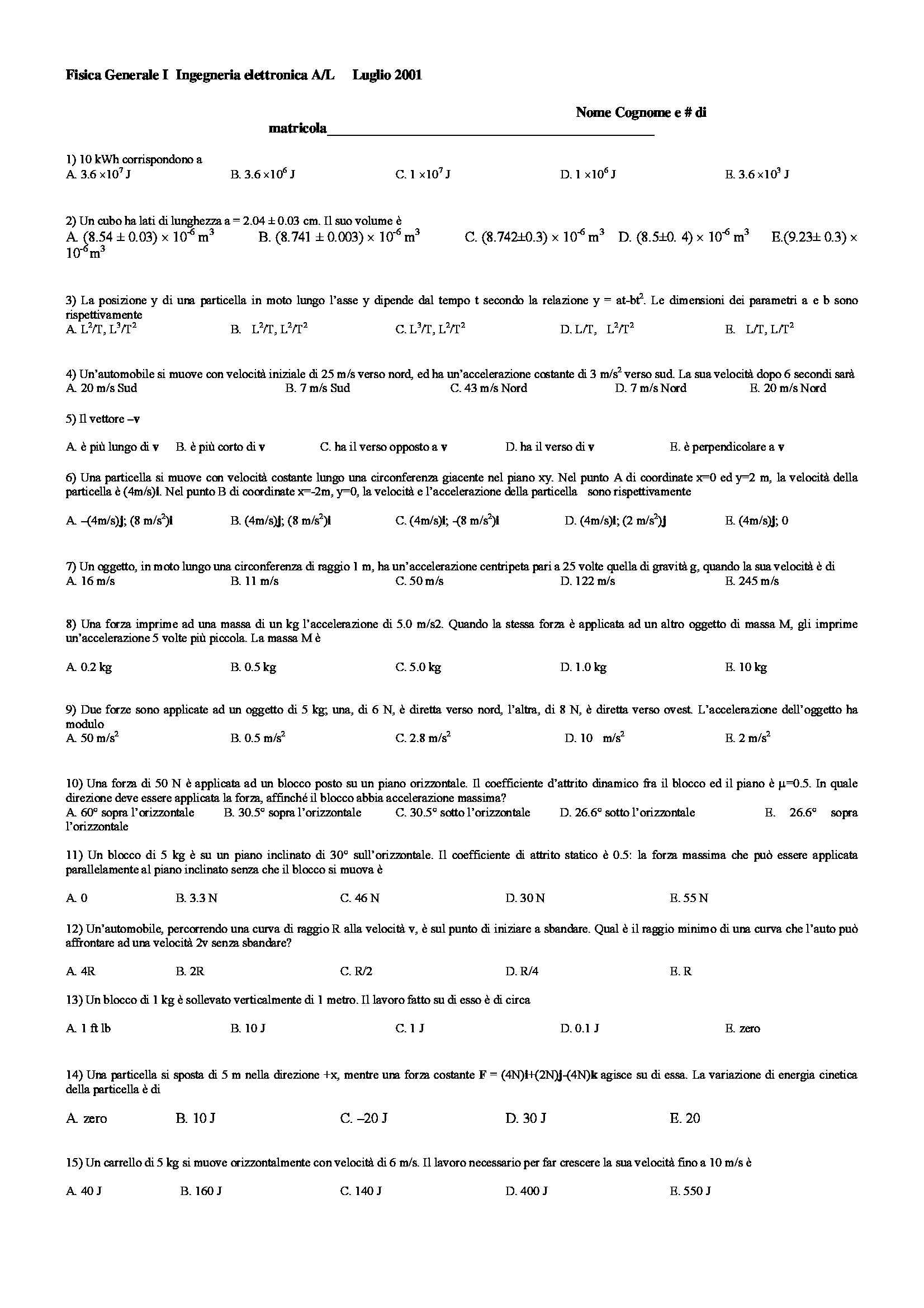Fisica generale 1 - Quesiti vari Pag. 1