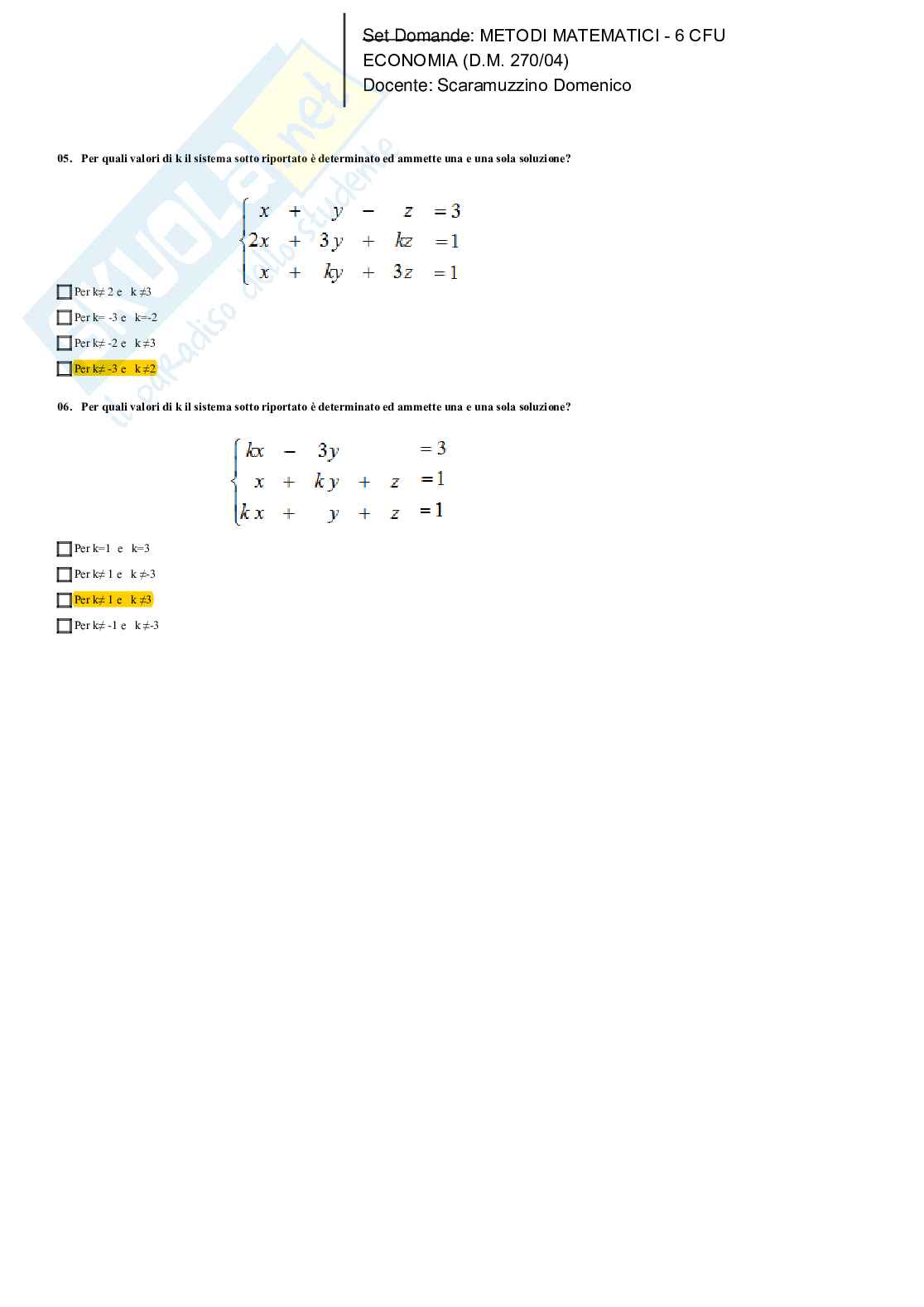 Soluzioni crocette Metodi matematici   Pag. 76