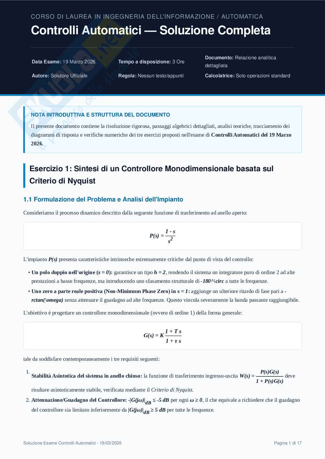 Esercizi esame Control Systems 19 marzo 2026 Pag. 1