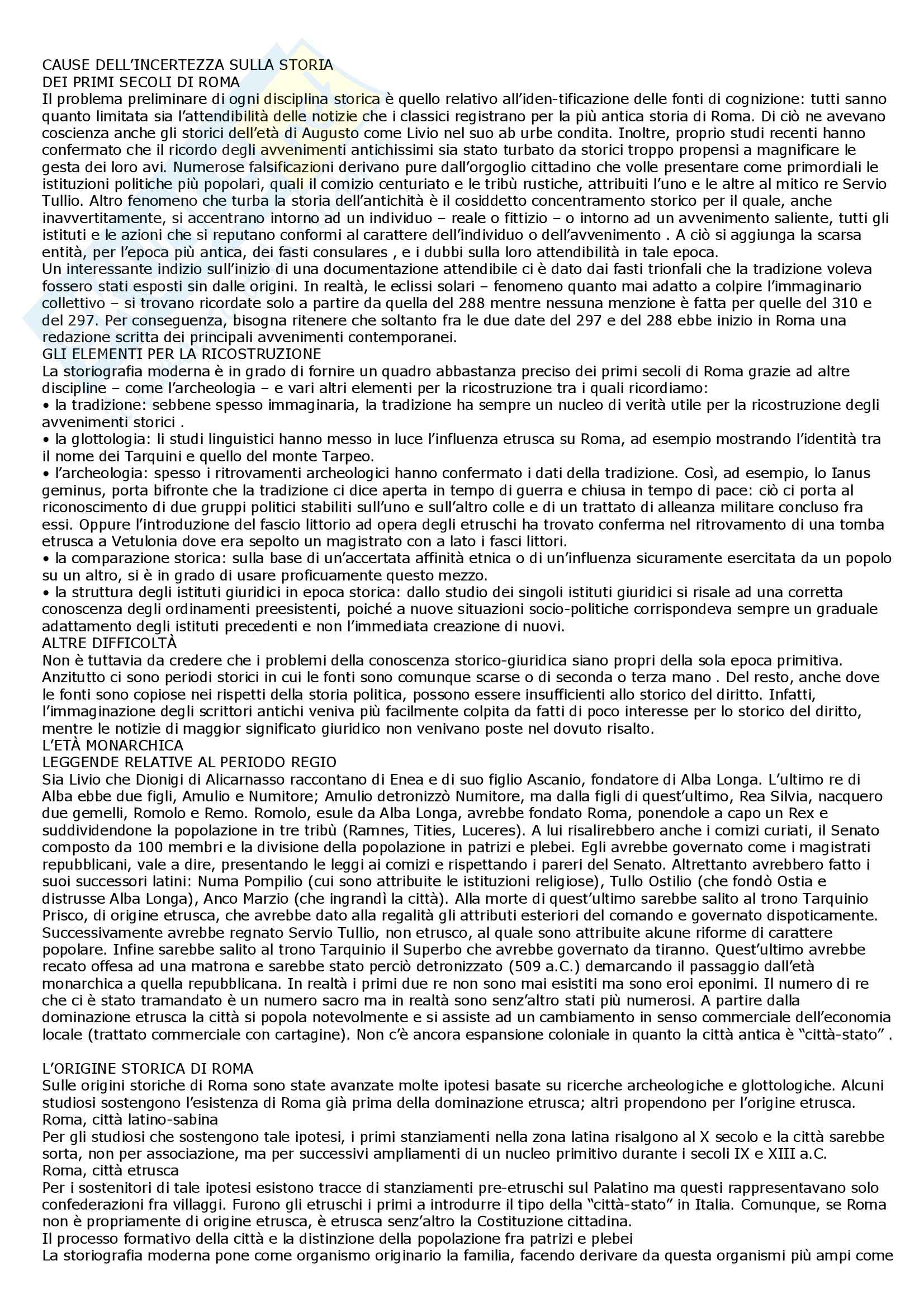 Storia del diritto romano - le cause dell'incertezza sulla storia dei primi secoli Pag. 1