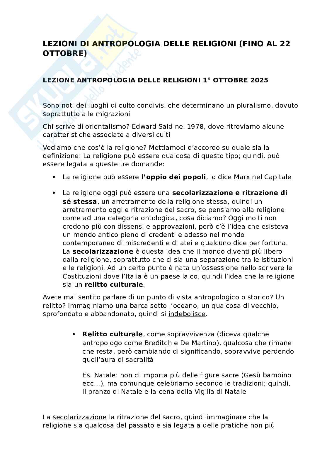 Appunti di Antropologia delle religioni integrati con slide e lezioni per primo esonero  Pag. 1