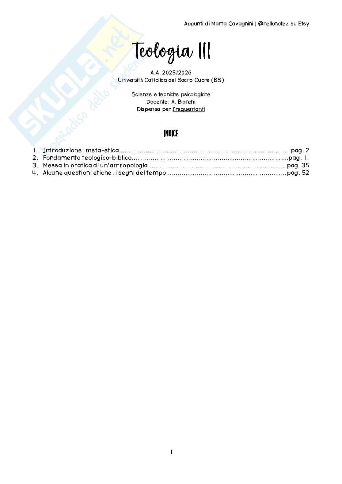 Riassunto esame Teologia 3, Prof. Cati Alice, libro consigliato Introduzione all’etica cristiana, Piana Pag. 1