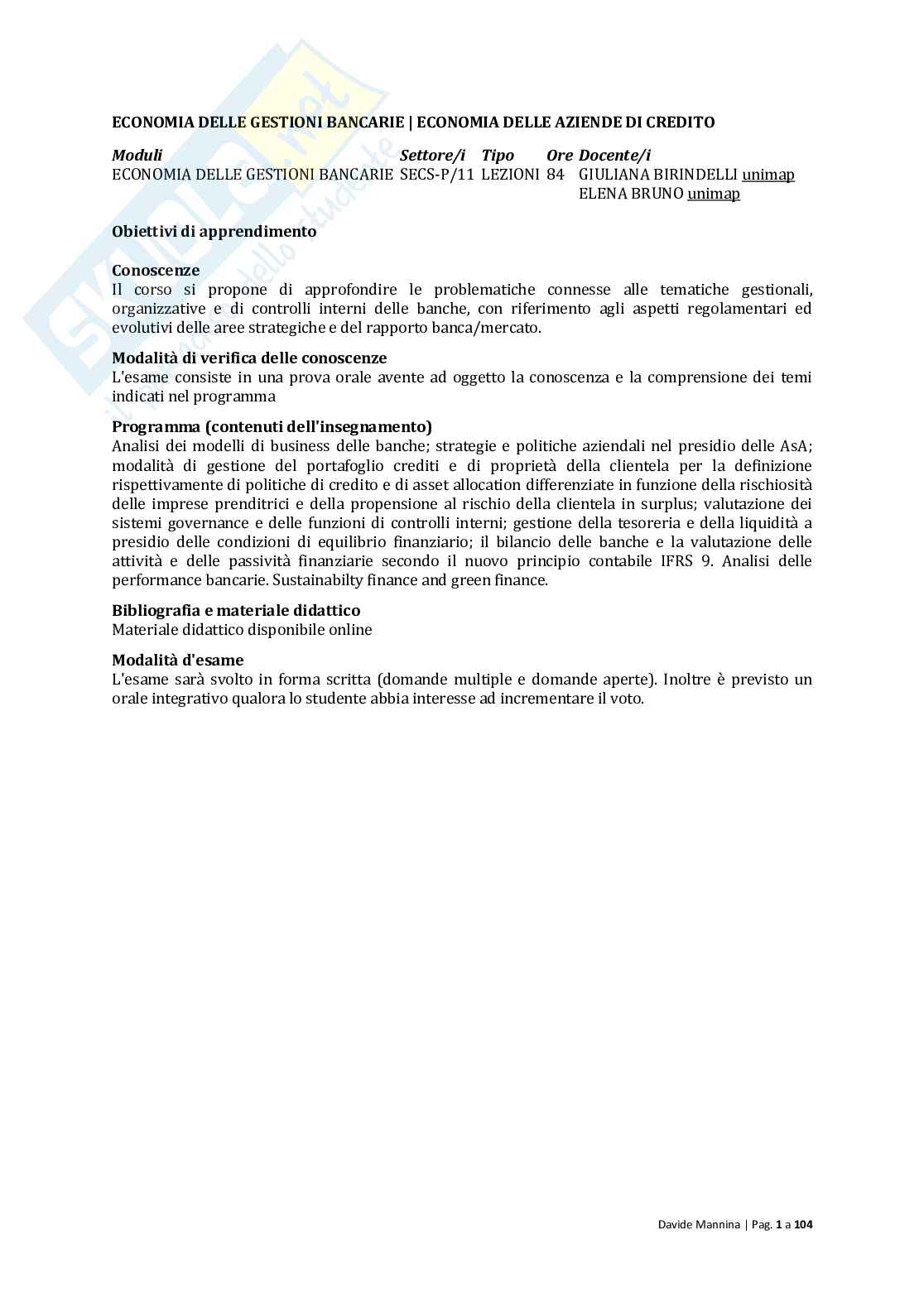 Economia delle gestione bancarie Pag. 1