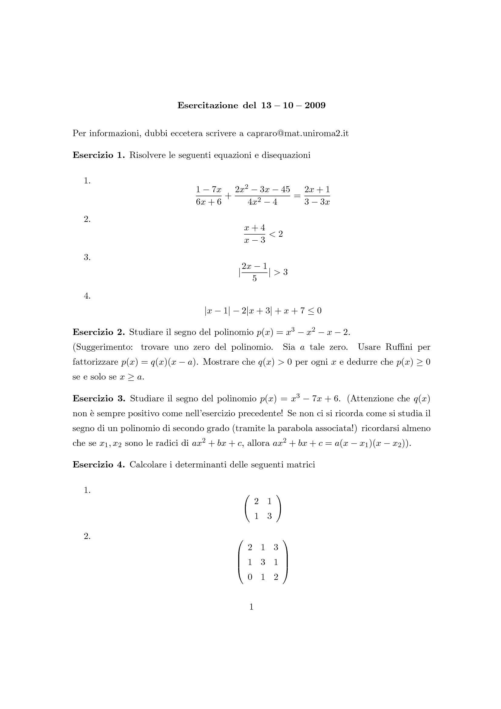 Matematica Generale - Matrici, Ruffini, sistema lineare parametrico Pag. 1