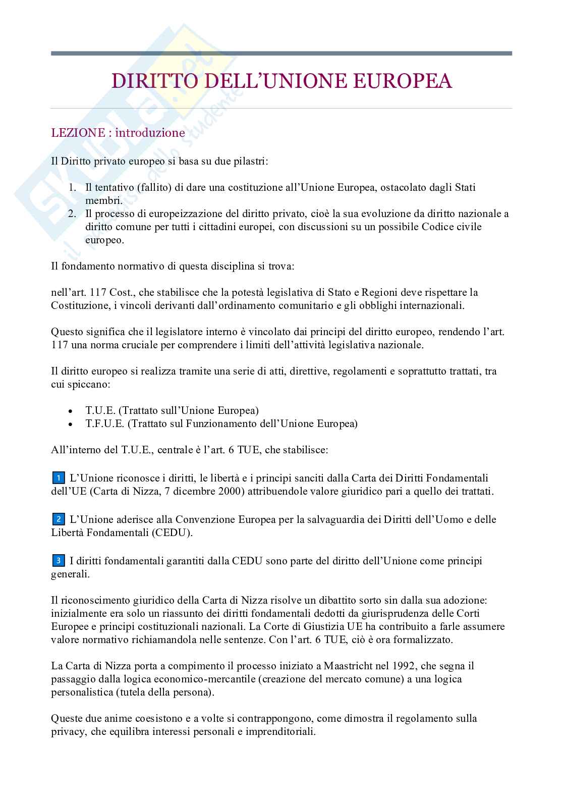 Schema per l'esame di Diritto dell'Unione Europea Pag. 1