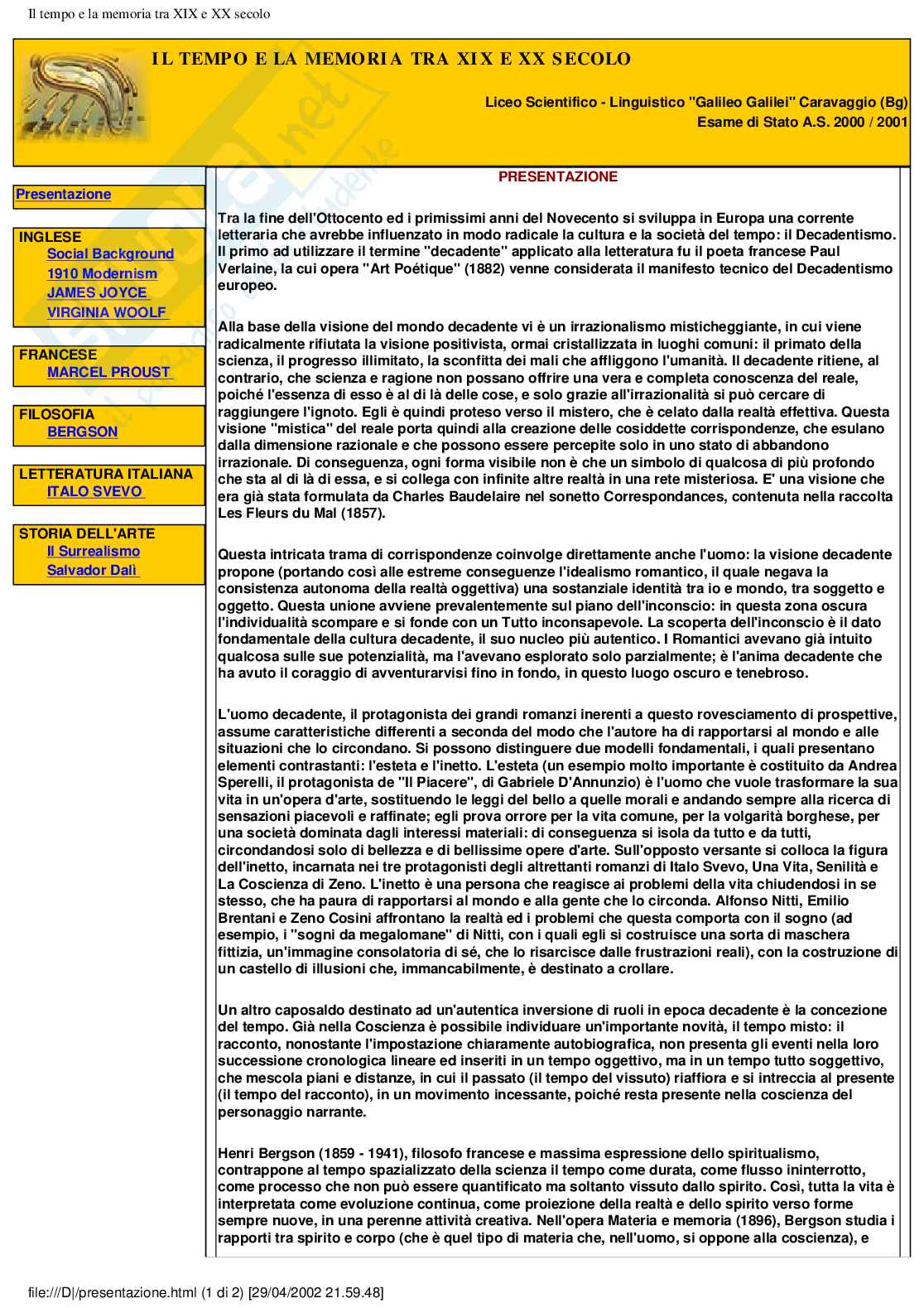 Tempo - tempo e la memoria tra XIX e XX secolo Pag. 2