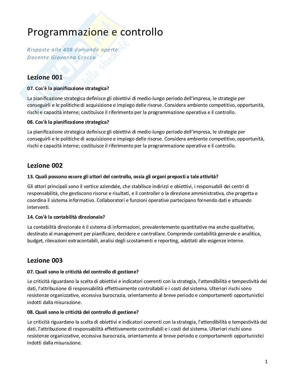 Risposte aperte Programmazione e controllo, 2026 Pag. 1