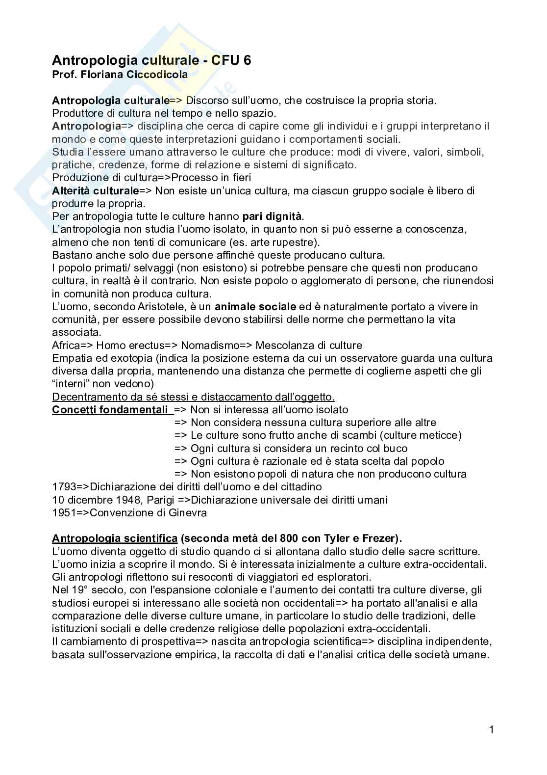 Riassunto esame Antropologia culturale, Prof. Ciccodicola Floriana, libro consigliato Introduzione all'antropologia culturale, Palmeri Pag. 1