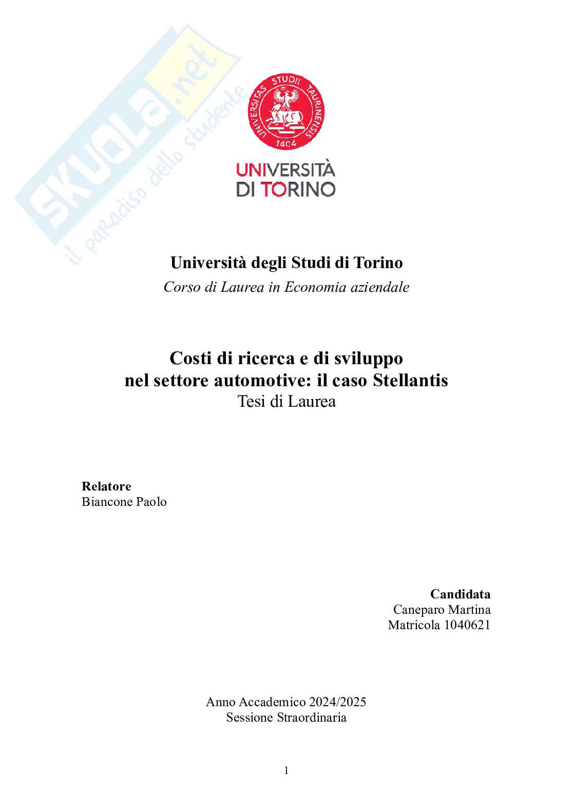 Tesi Economia aziendale - Costi di R&S nell'automotive: il caso Stellantis Pag. 1