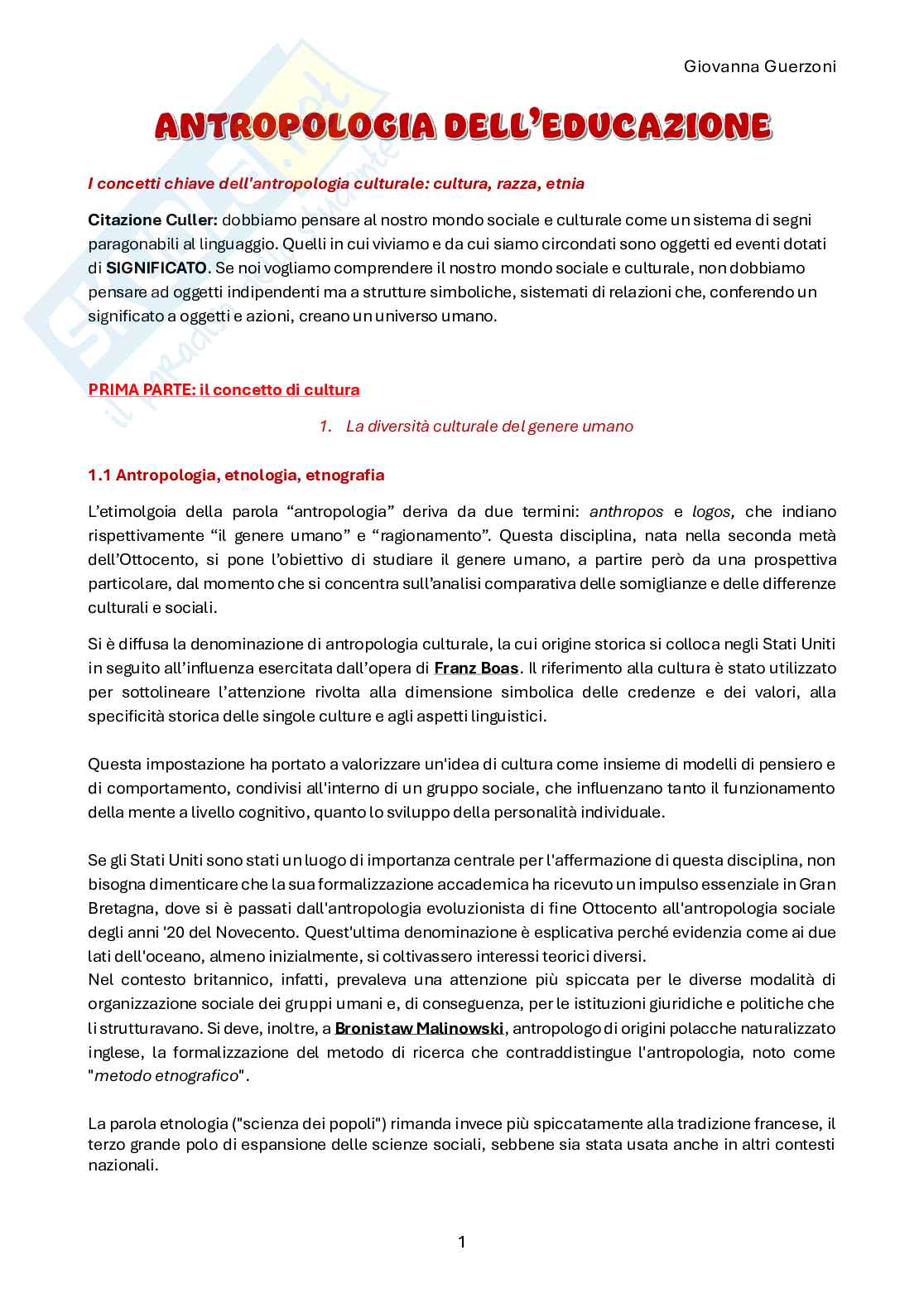 Riassunto esame Antropologia culturale, Prof. Guerzoni Giovanna, libro consigliato Antropologia per insegnare , Tassan  Pag. 1