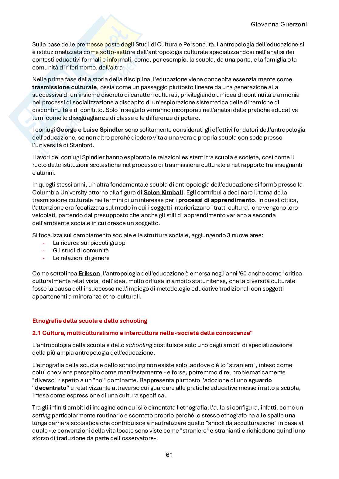 Riassunto esame Antropologia culturale, Prof. Guerzoni Giovanna, libro consigliato Antropologia per insegnare , Tassan  Pag. 61