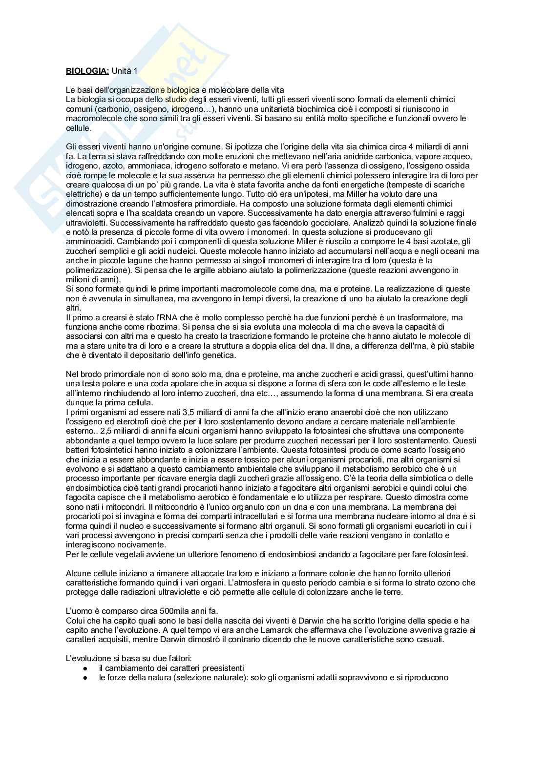 Biologia e biologia molecolare, unità 1 semestre filtro Pag. 1