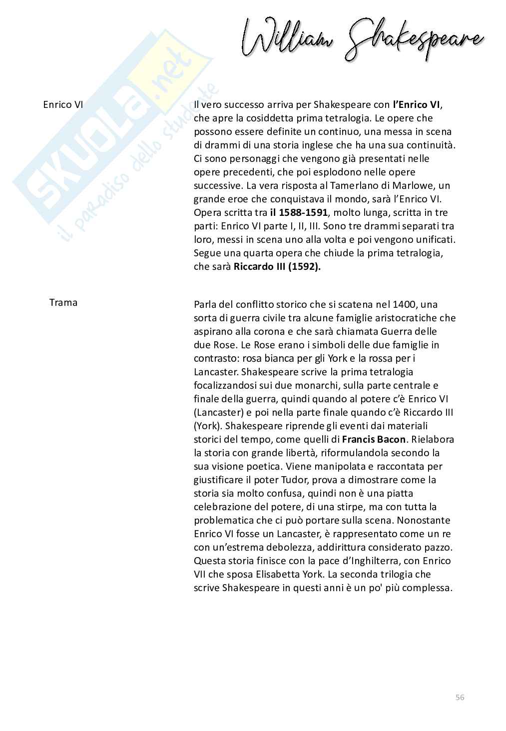 Riassunto esame Letteratura inglese, Prof. D'Avascio Roberto, libro consigliato Storia della letteratura inglese. Dalle origini al Settecento, Bertinetti Pag. 56