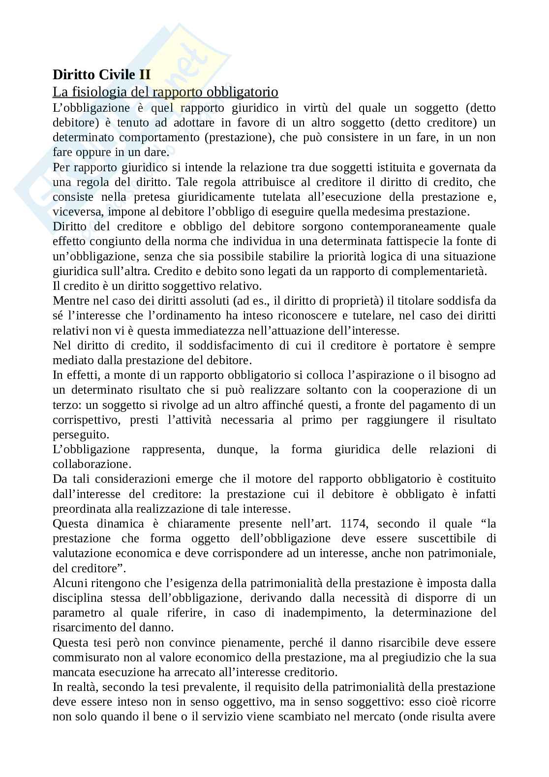 Riassunti Diritto Civile II - il rapporto obbligatorio Pag. 1