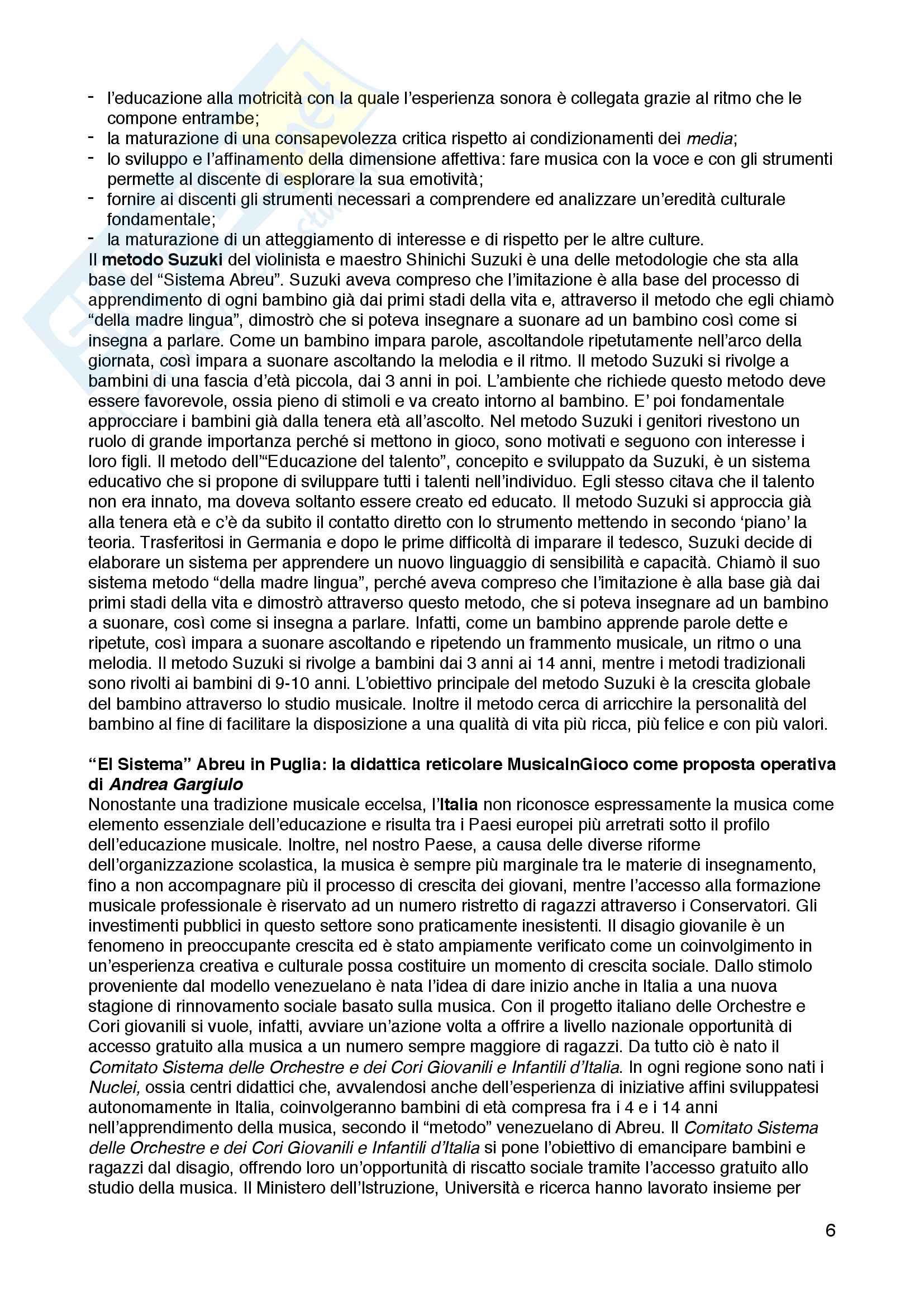 Riassunto esame Musicologia e storia della musica, prof. Antonio Caroccia, libro consigliato "Quando la musica cambia la vita: conoscere e interagire con "El sistema" Abreu", Antonio Caroccia, Augusta Dall'Arche Pag. 6