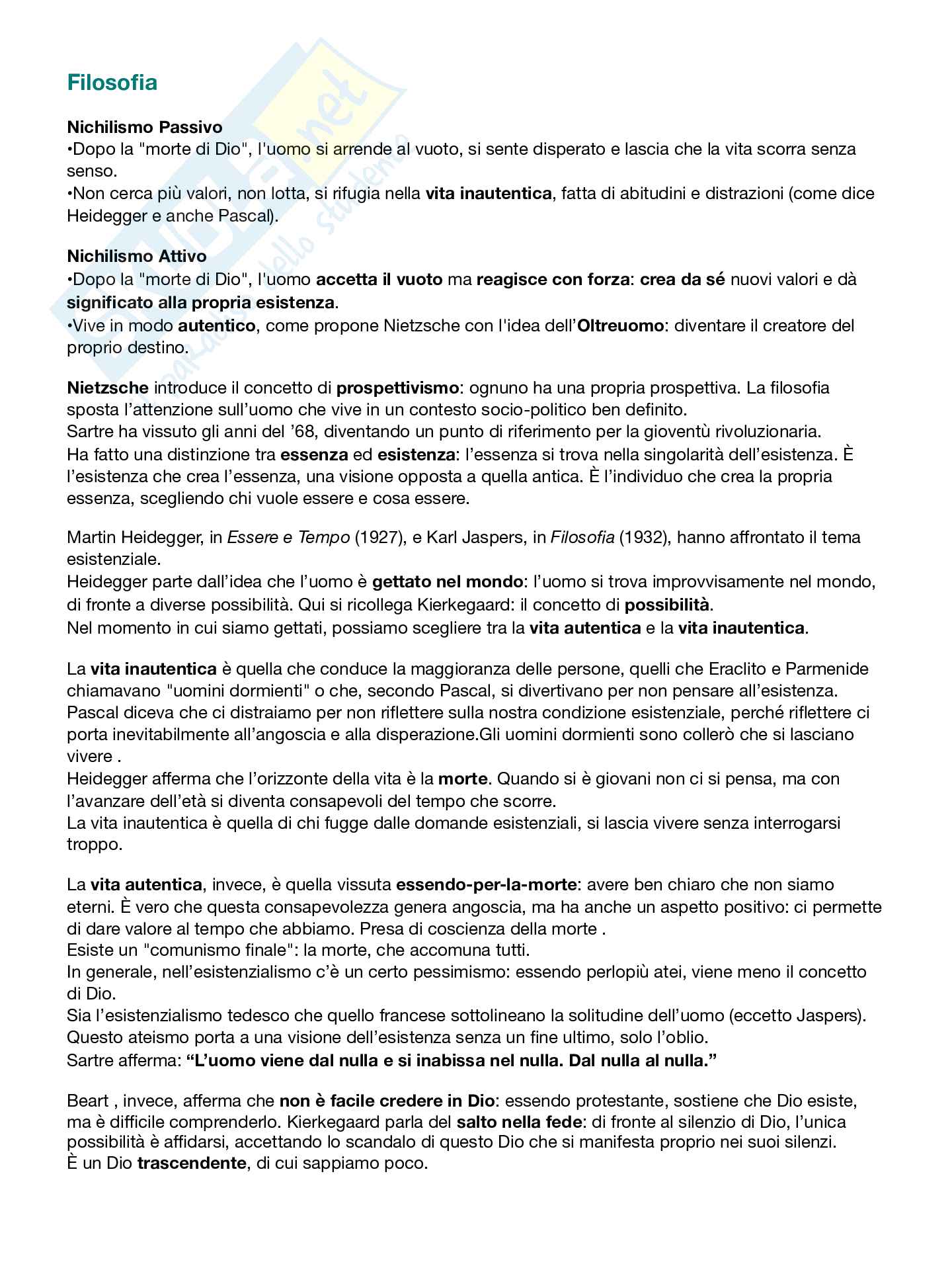 Riassunto esame Filosofia teoretica, Prof. Margotti Marta, libro consigliato La nausea , Sartre  Pag. 1