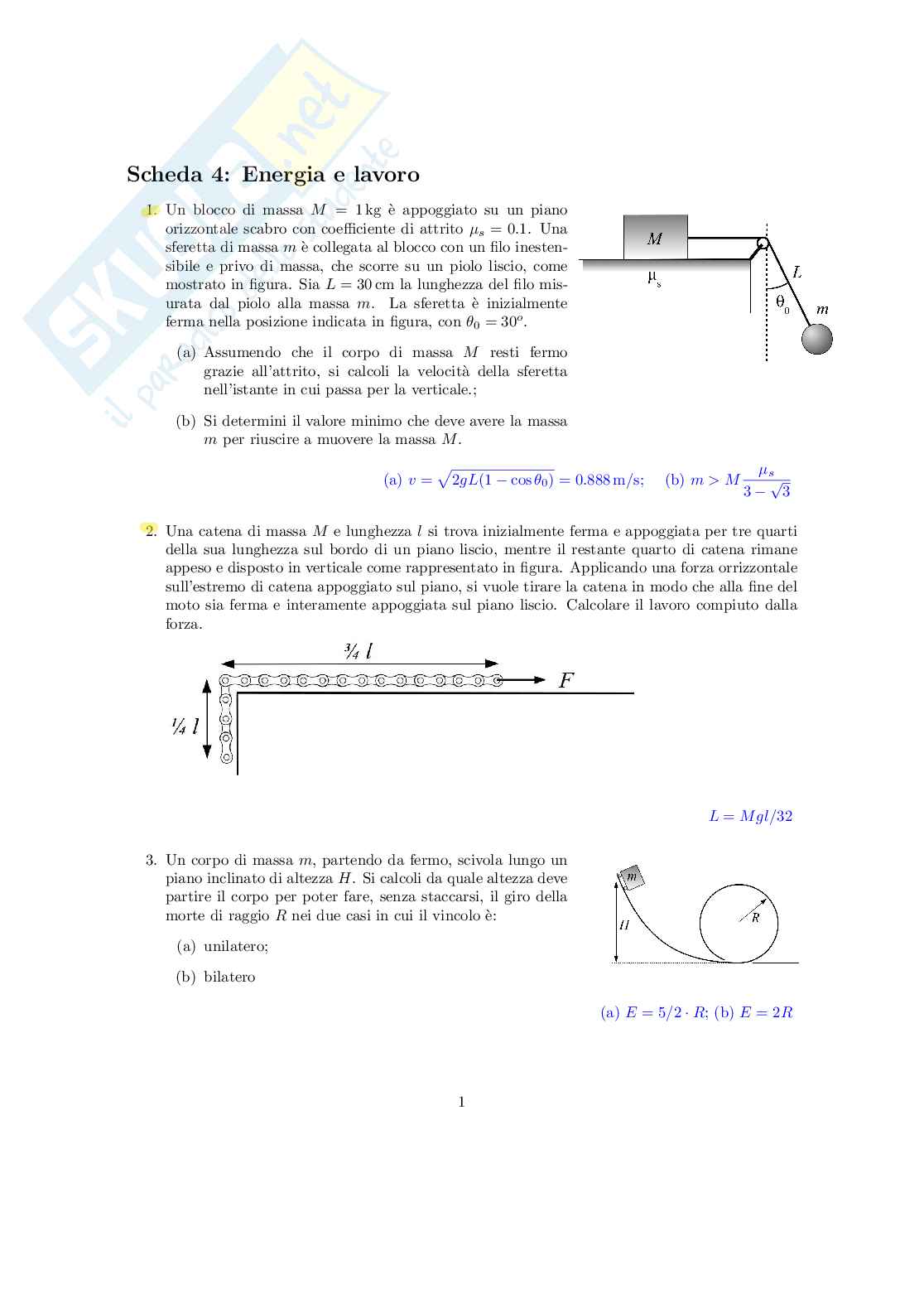 Esercizi di Fisica generale su energia e lavoro Pag. 1