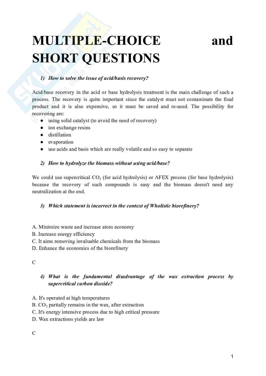 Industrial processes for biobased and speciality chemicals - Domande per l'esame Pag. 2