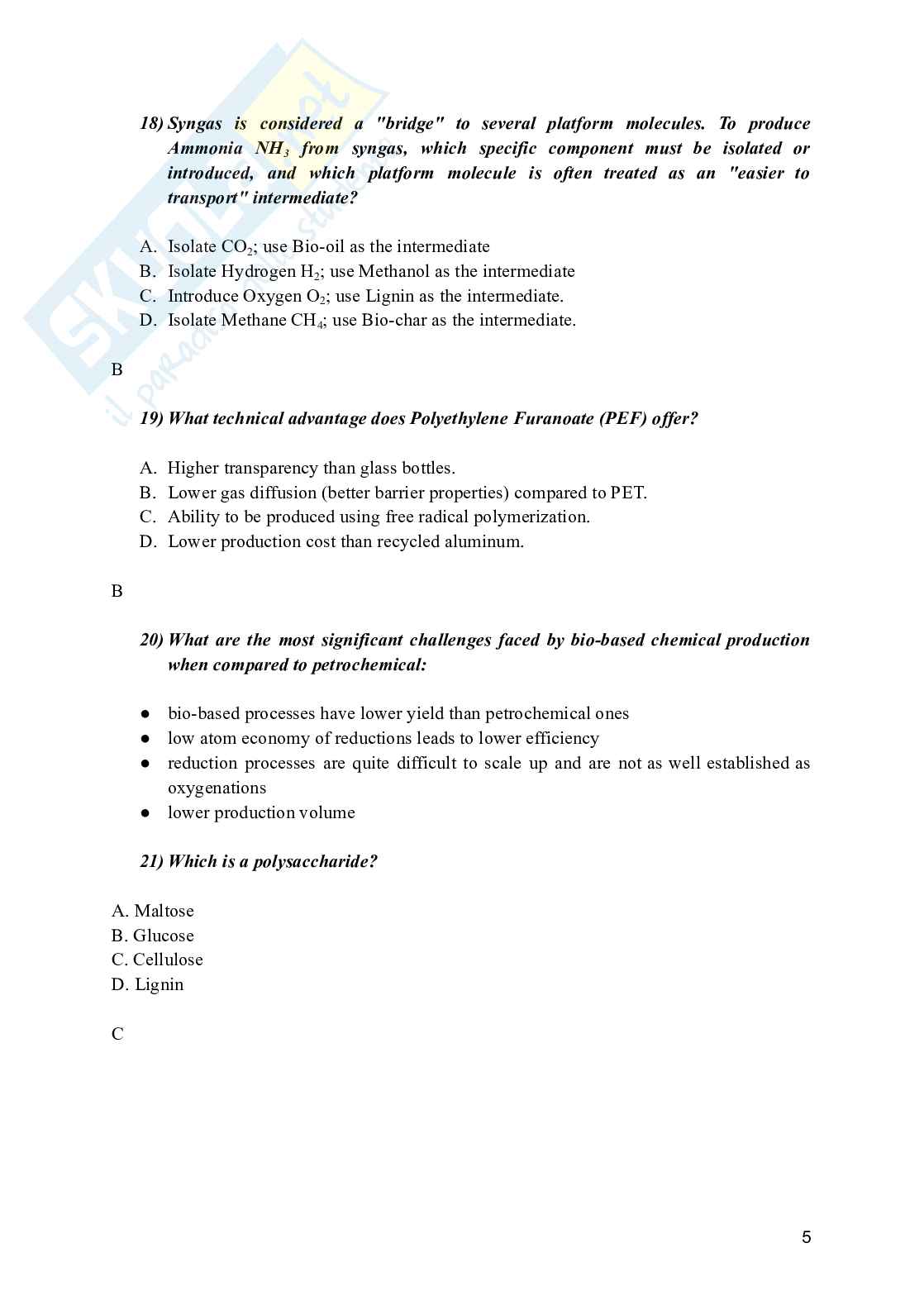 Industrial processes for biobased and speciality chemicals - Domande per l'esame Pag. 6