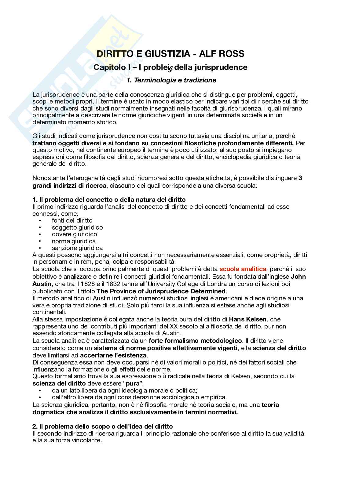 Riassunto esame Filosofia del Diritto, Prof. Re Lucia, libro consigliato Diritto e giustizia, Ross Pag. 1