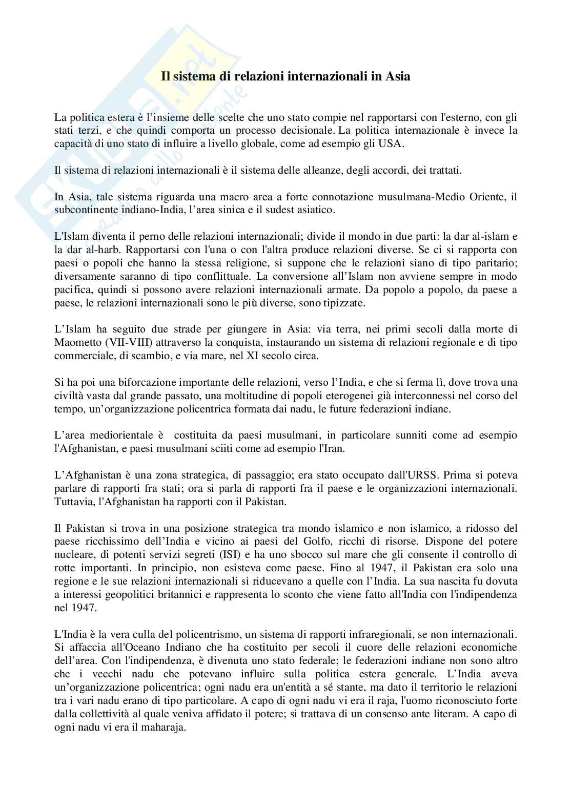 Appunti esame Storia e istituzioni dell'Asia, prof. Baldussi, Il sistema di relazioni internazionali in Asia Pag. 1