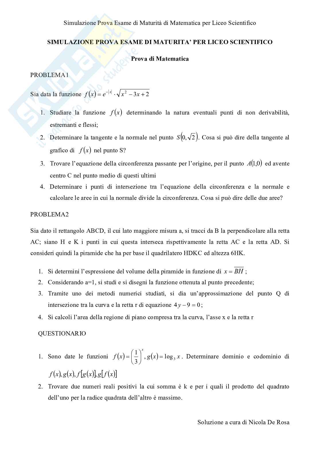 2011 Esercitazione per l'esame di matematica Pag. 1