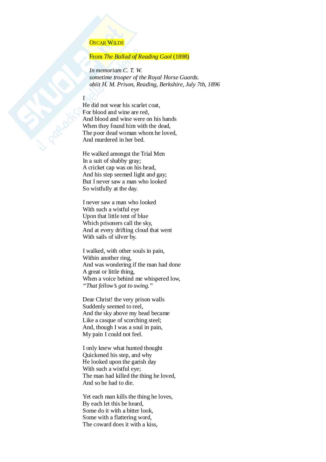 Riassunto esame Letteratura inglese I, Prof. Ambrosini Richard, libro consigliato La ballata del carcere di Reading, Wilde Pag. 1