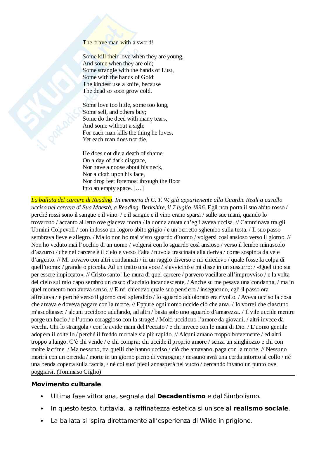 Riassunto esame Letteratura inglese I, Prof. Ambrosini Richard, libro consigliato La ballata del carcere di Reading, Wilde Pag. 2