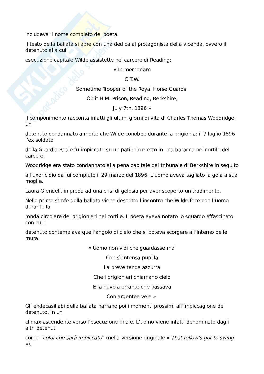 Riassunto esame Letteratura inglese I, Prof. Ambrosini Richard, libro consigliato La ballata del carcere di Reading, Wilde Pag. 6