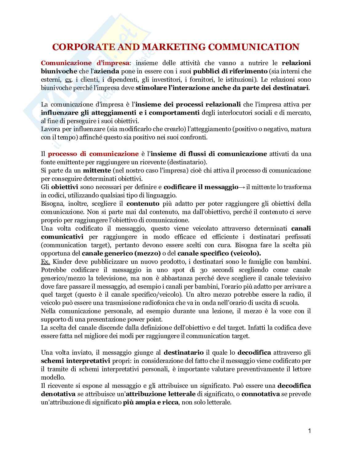 Riassunto esame Corporate and marketing communication, Prof. Ceccotti Federica, libro consigliato Impresa e comunicazione, Pastore, Vernuccio Pag. 1