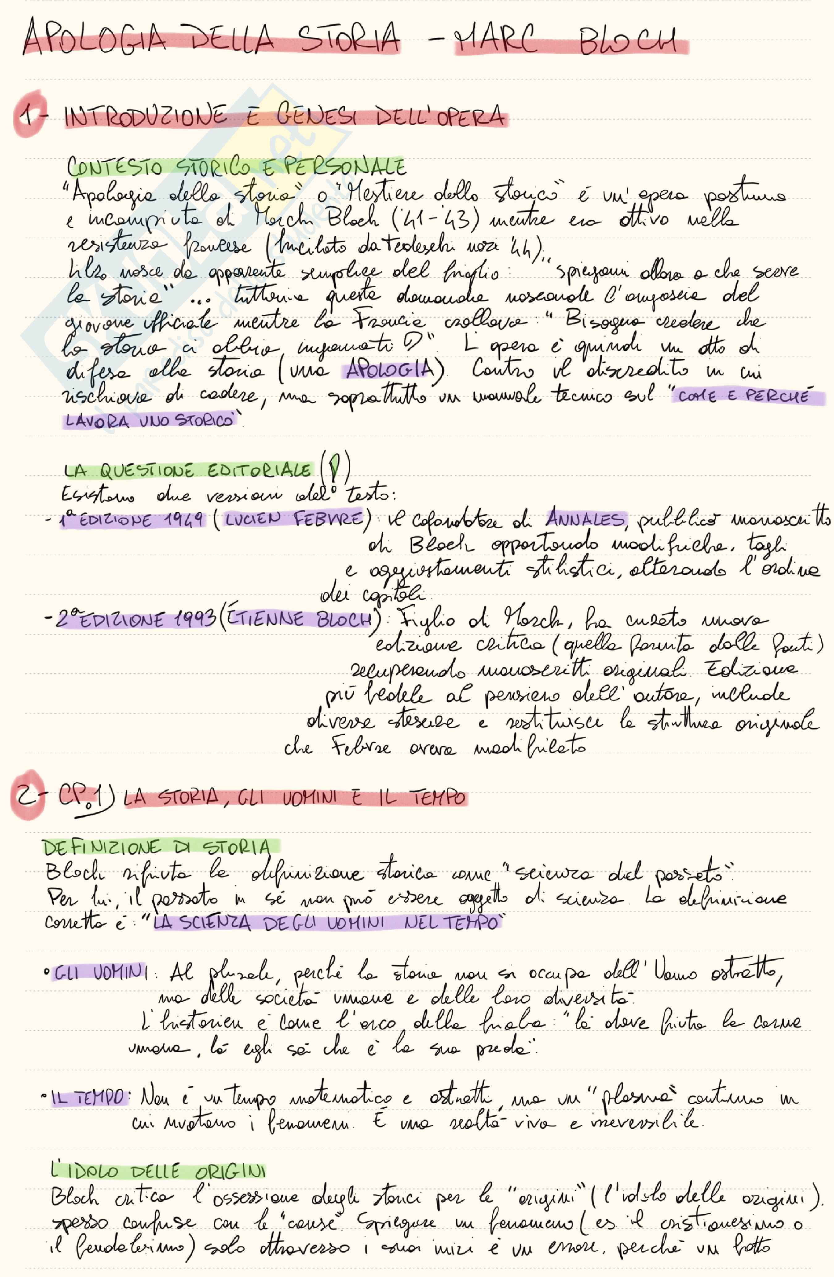 Riassunto esame Metodologia e fonti della ricerca storica, Prof. Tudini Flavia, libro consigliato Apologia della storia , Marc Bloch   Pag. 1