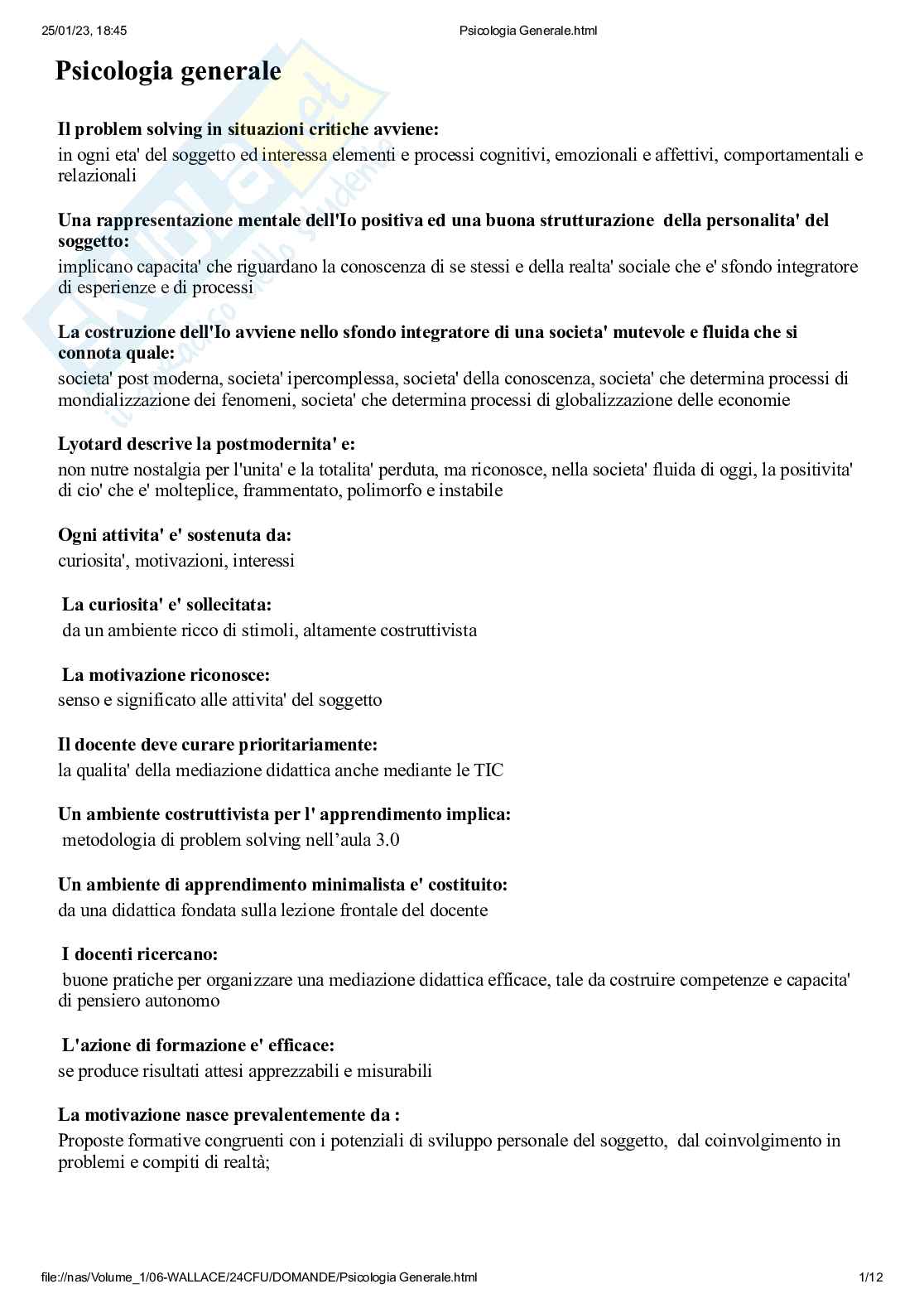 Psicologia generale - paniere risposte esatte Pag. 1