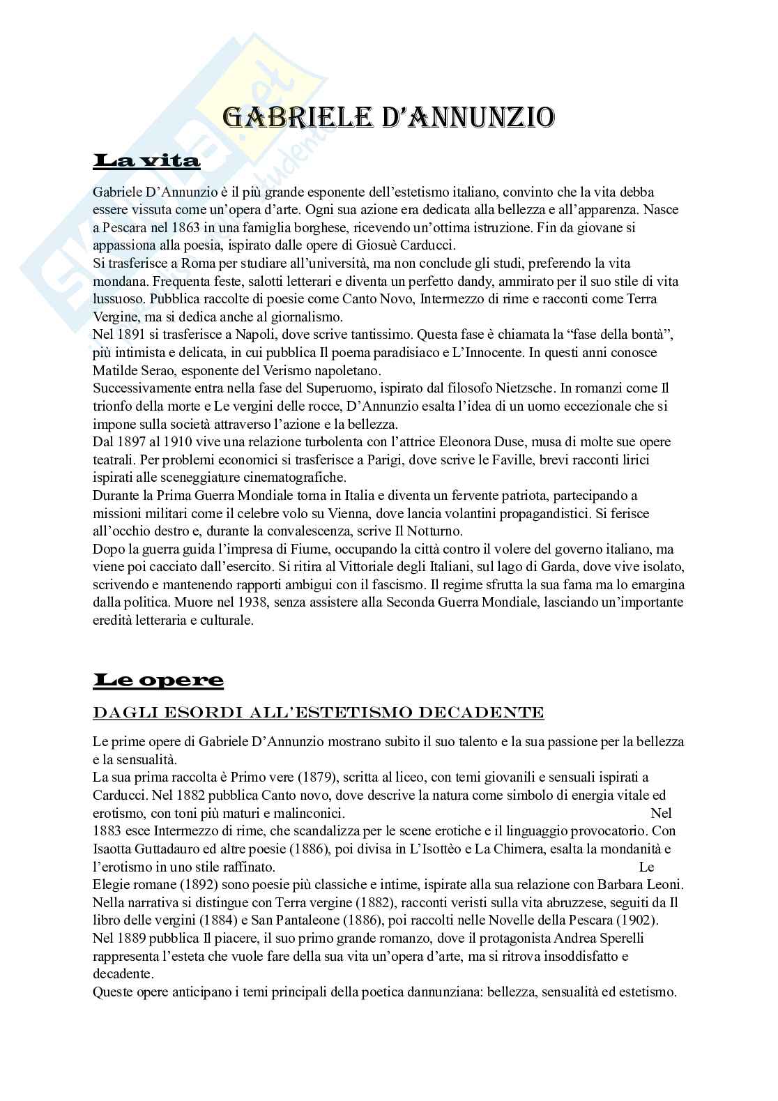 Appunti su Gabriele D'annunzio  Pag. 1