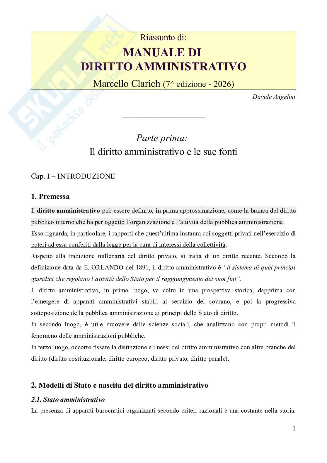 Riassunto esame Diritto amministrativo, Prof. Cerbo Pasquale, libro consigliato Manuale di diritto amministrativo - 7^ edizione, 2026, Clarich Pag. 1