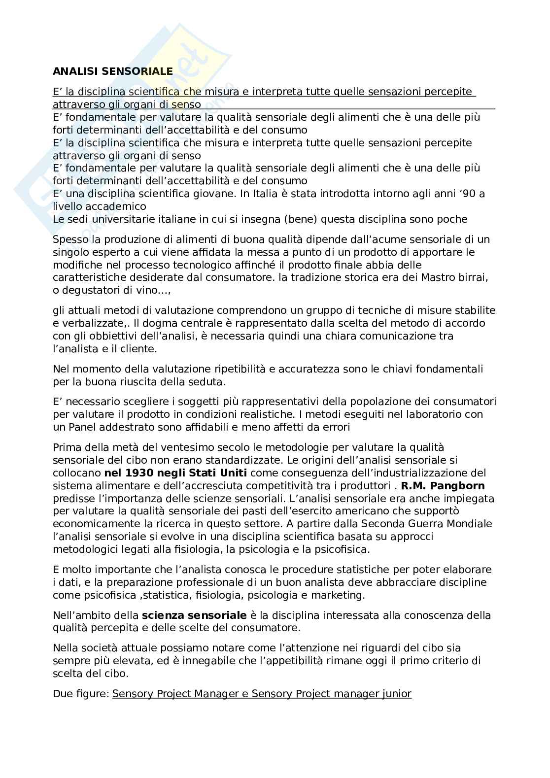 Analisi sensoriali ed elaborazione dei dati  Pag. 1