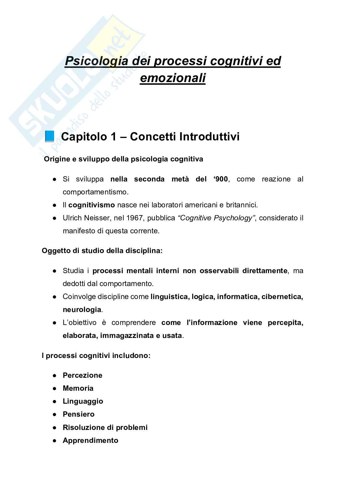 Schemi Psicologia dei processi cognitivi ed emozionali Pag. 1