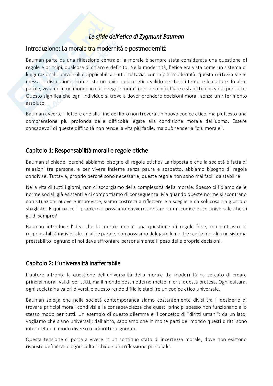 Riassunto esame Formazione e progettualità nei sistemi educativi per l'integrazione, Prof. Piccione Vincenzo, libro consigliato Le sfide dell'etica, Bauman Pag. 1