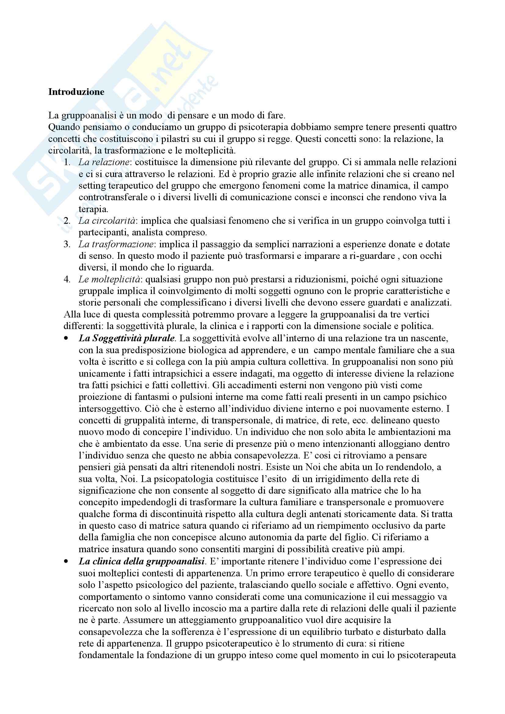 Riassunto esame Fondamenti di Psicologia Dinamica,, prof. Formica, libro consigliato Fondamenti di Gruppoanalisi di Formica Pag. 1