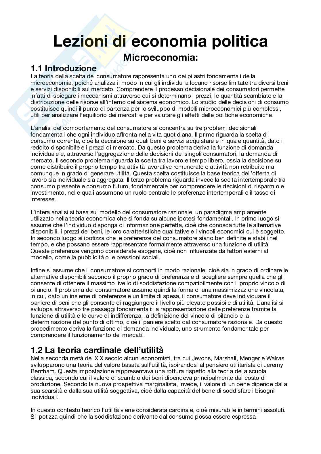 Riassunto esame Economia politica, Prof. Basile Elisabetta, libro consigliato Lezioni di economia politica, Basile, Reganati Pag. 1