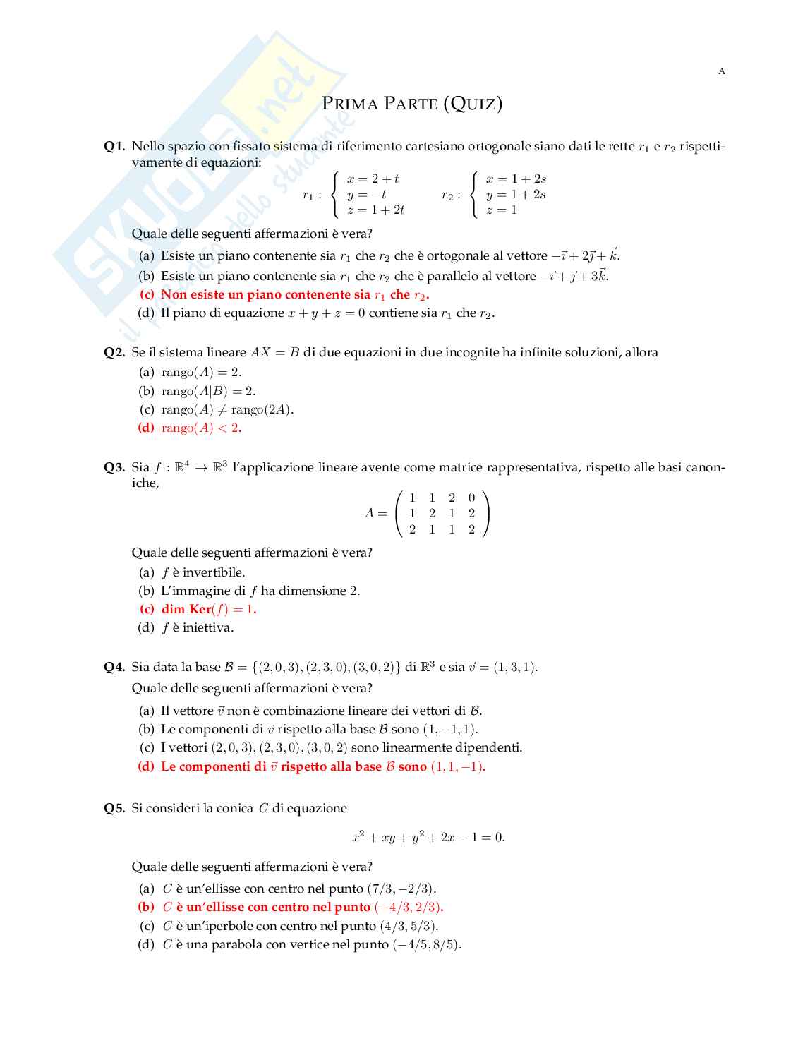 Quiz con risposta Algebra e geometria lineare  Pag. 2