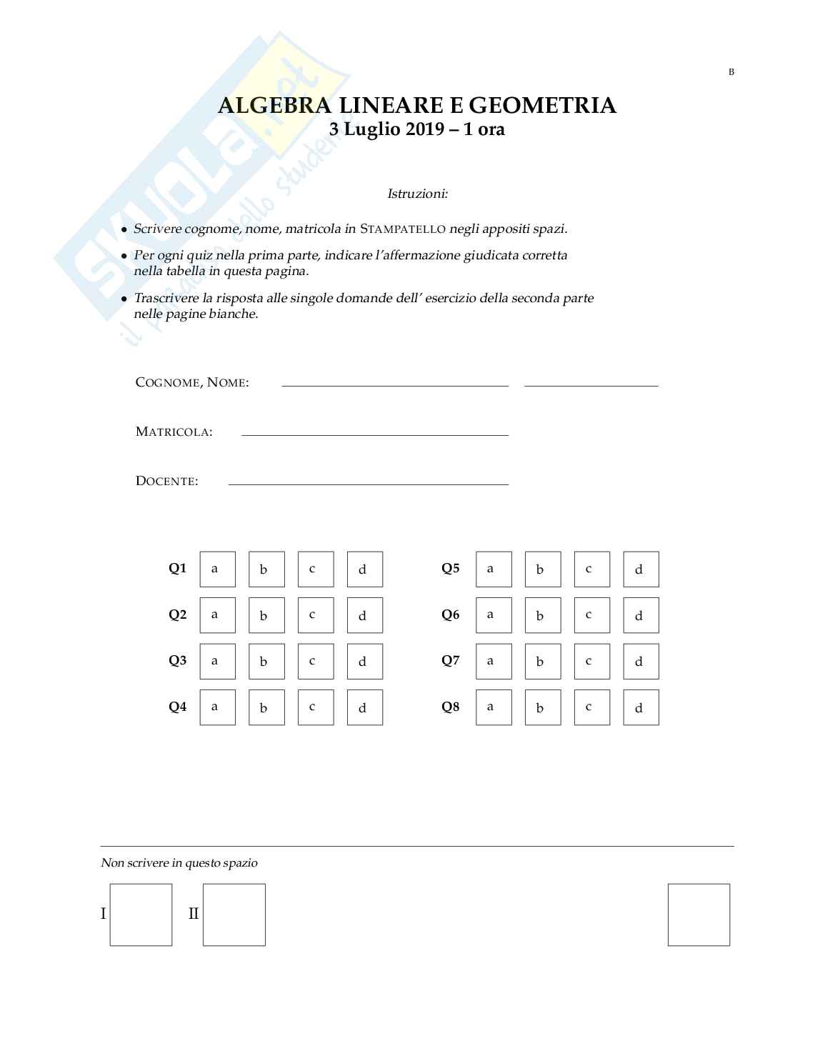 Quiz con risposta Algebra e geometria lineare  Pag. 6