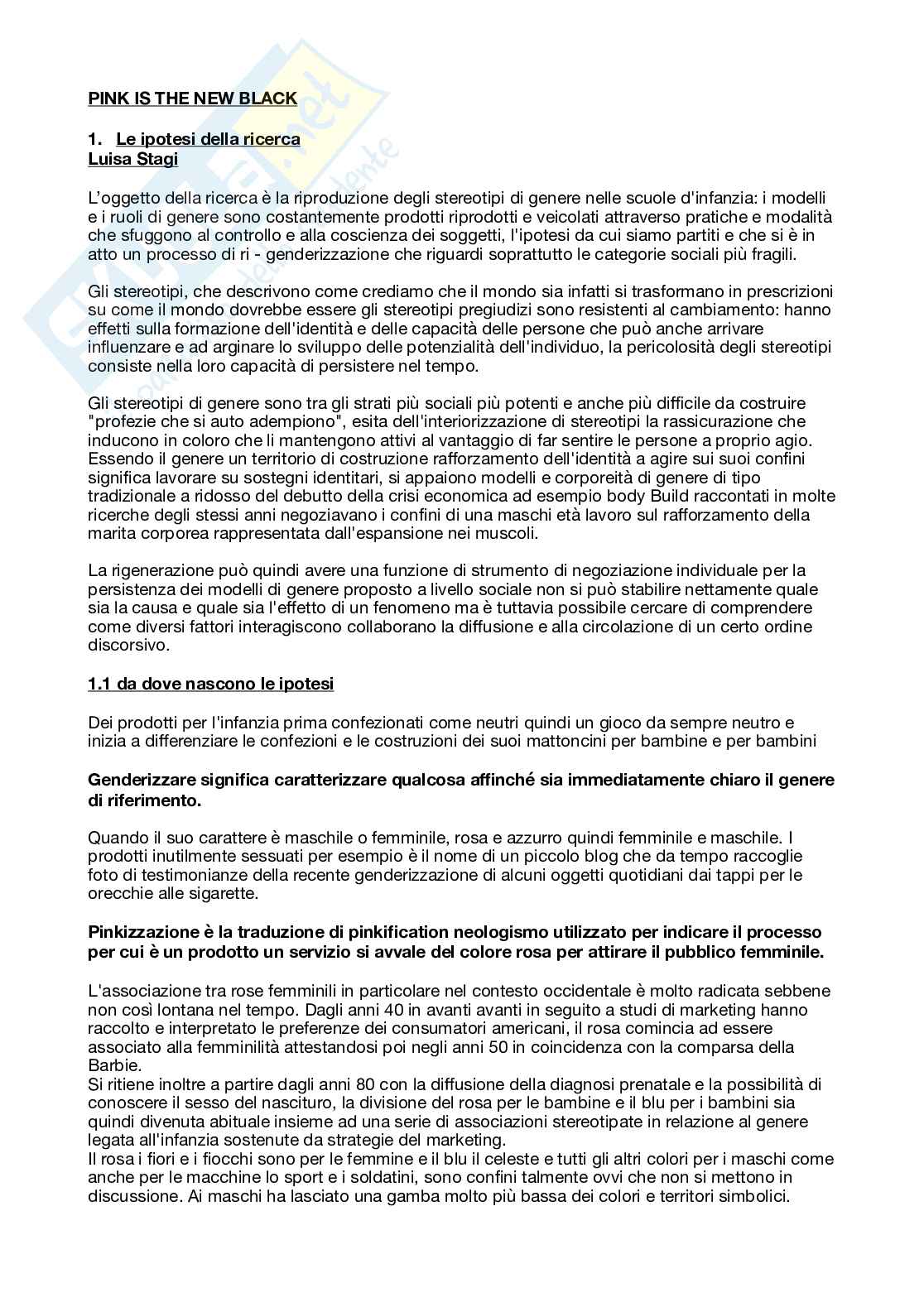 Riassunto esame Sociologia dell'educazione, Prof. Bertozzi Rita, libro consigliato Pink is the new black, Abbatecola, Stagi Pag. 1