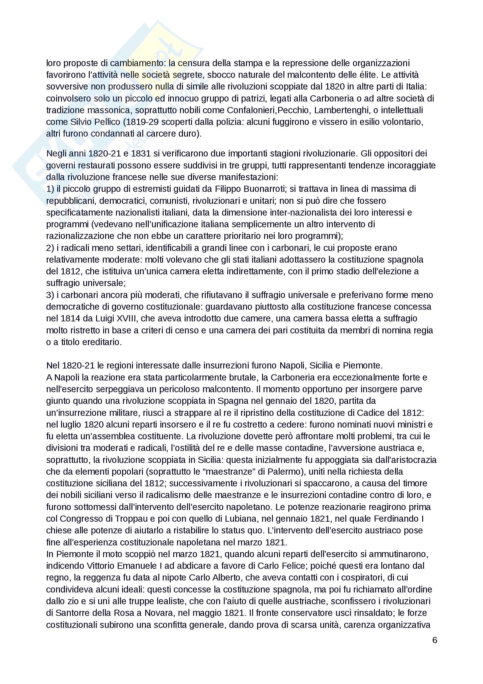 Riassunto esame dell'esame di Storia del Risorgimento, docente Falco, libro consigliato: "Il Risorgimento e l’unificazione dell’Italia", Beales, Biagini Pag. 6