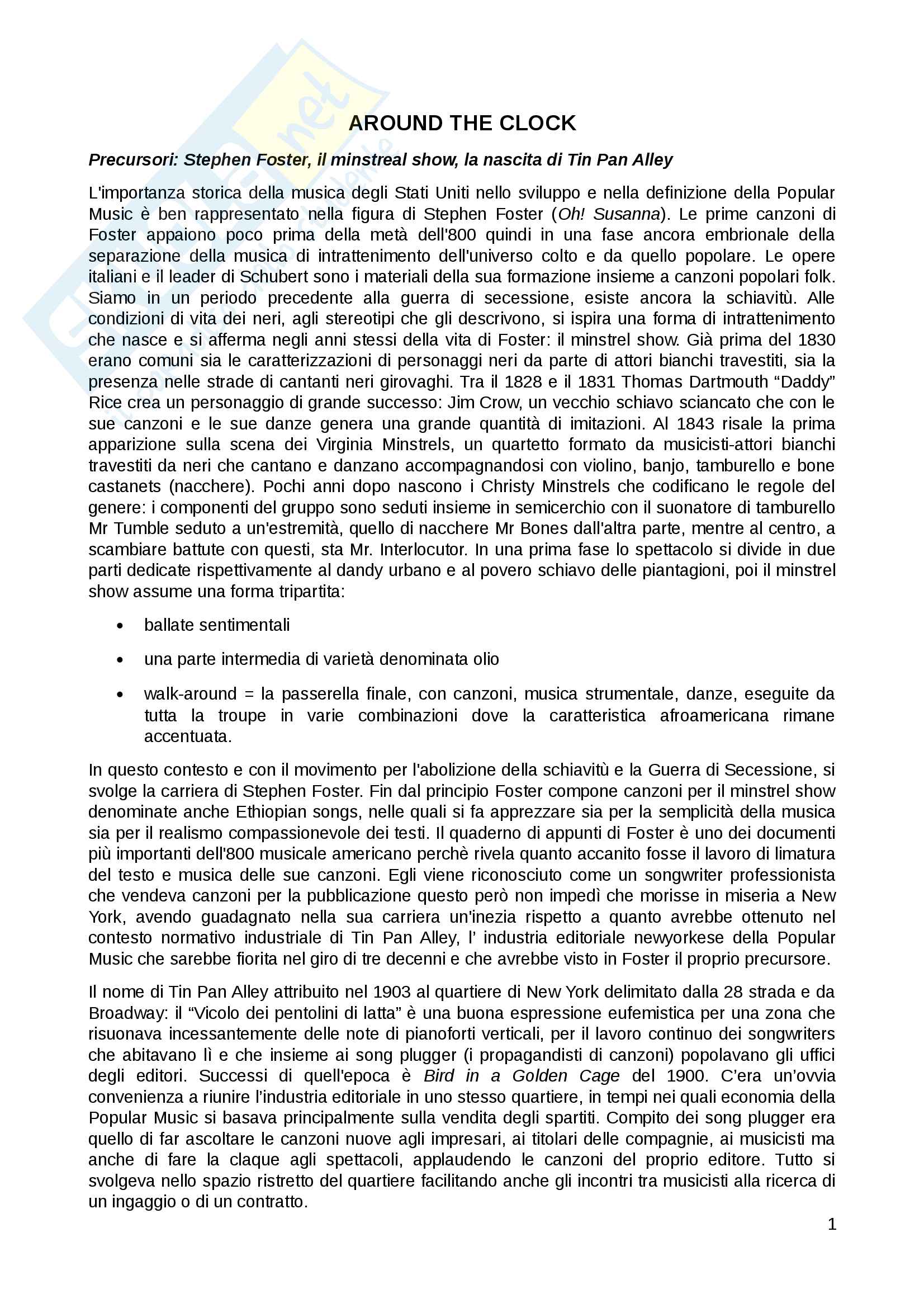 Riassunto esame popular music, prof. Tomatis, libro consigliato Around the clock, Fabbri Pag. 1