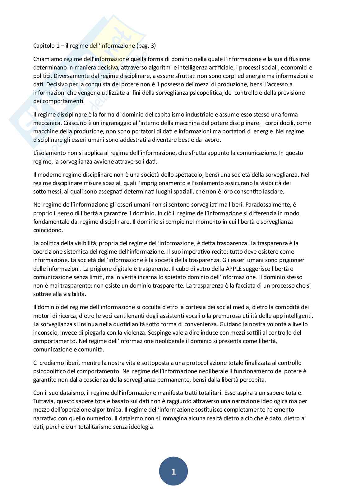 Riassunto esame Sociologia del diritto, Prof. Mittica Maria Paola, libro consigliato Infocrazia, Byungchulhan Pag. 1