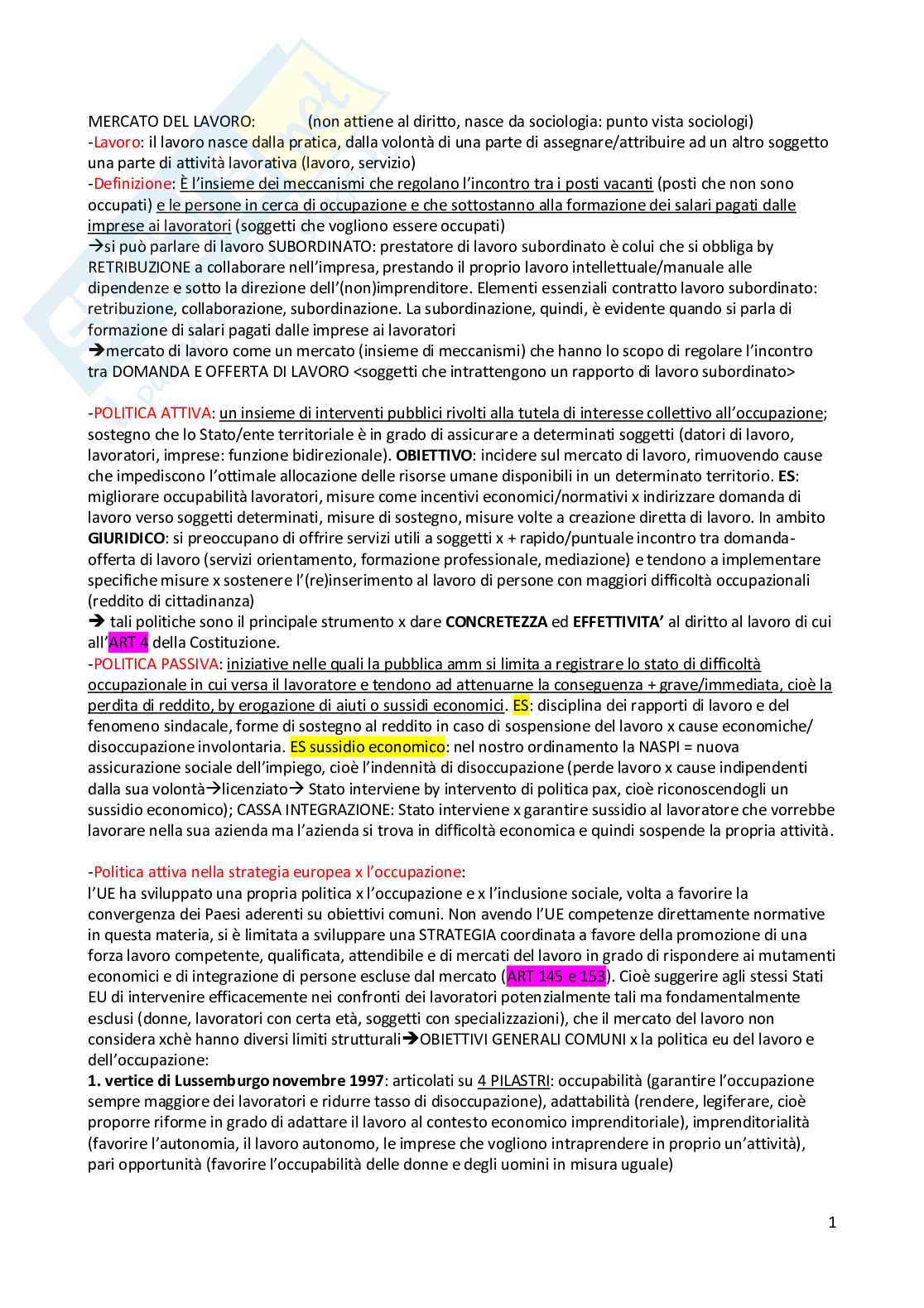 Riassunto esame Diritto del lavoro, Prof. Squeglia Michele, libro consigliato Istituzioni di diritto del lavoro, Armando Tursi, Pier Antonio Varesi Pag. 1